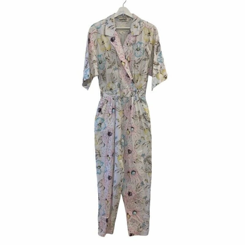 Diane Von Furstenberg Womens Jumpsuit White Floral Pockets Cotton Vintage 10